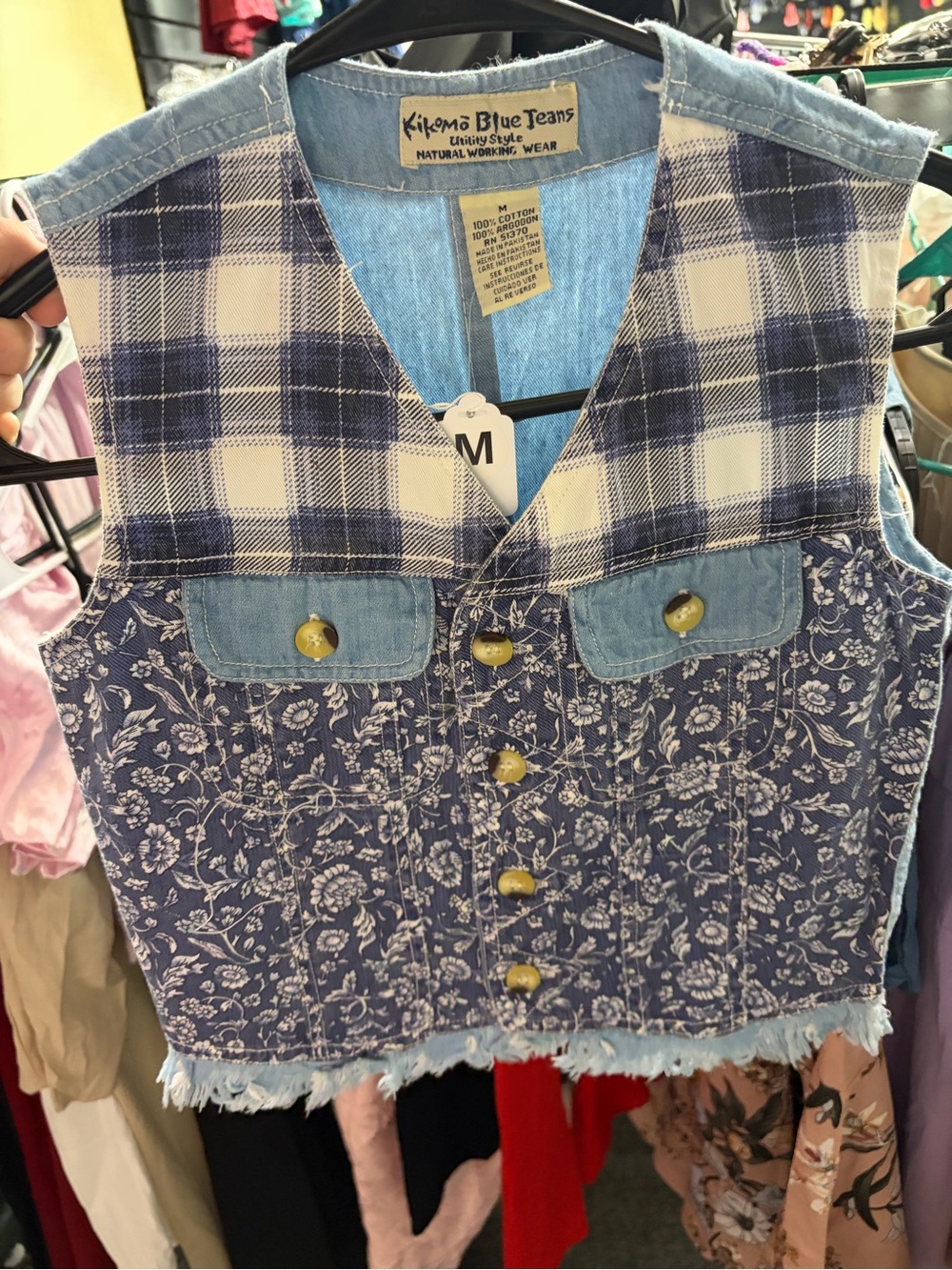 Kiko Patchwork Denim Vest in Light Blue and Navy